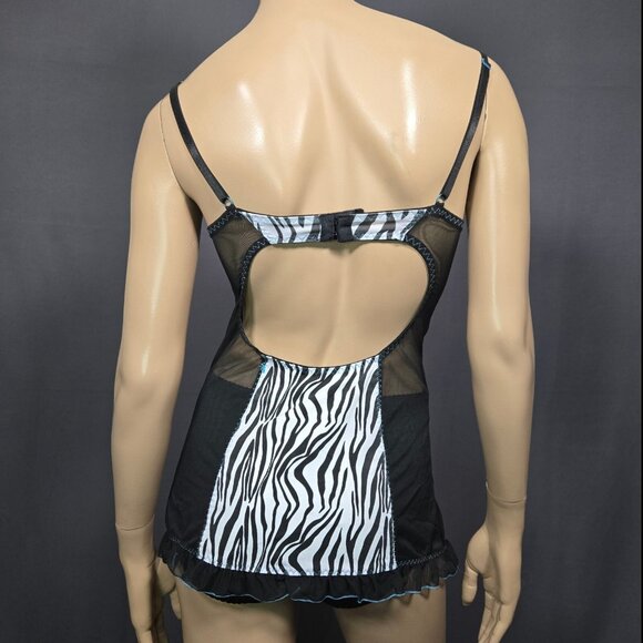 Y2K Zebra Print Lingerie slip Mini Dress With Garters 36C L Trashy Mcbling - Picture 7 of 11